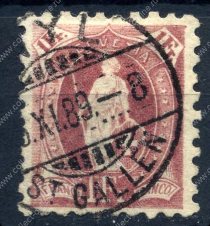 Швейцария 1888 г. • SC# 93 • 1 fr. • "Швейцария" со щитом • перф. - 9½ • стандарт • Used XF ( кат. - $90 )