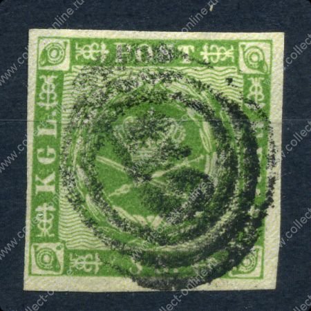 Дания 1858-1862 гг. • SC# 8 • 8 s. • 3-й выпуск • зелёная • Used XF ( кат. - $85+ )