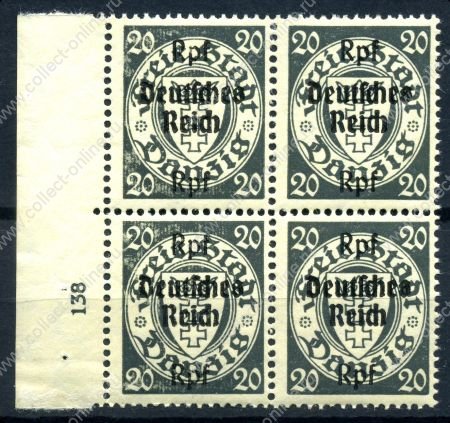 Германия 3-й рейх 1939 г. • Mi# 723 • 20 pf. • надпечатка "Deutsches Reich" на марке Данцига • № кв.блок • MNH OG XF+ ( кат.- € 48+ )