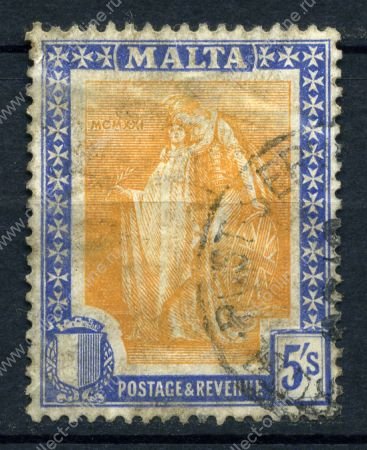 Мальта 1922-1926 гг. • Gb# 137 • 5 sh. • Женщина "Мальта" с мечом • Used F-VF ( кат. - £50 )