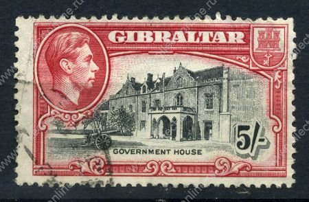 Гибралтар 1938-51 гг. Gb# 129a • 5 sh. • Георг VI основной выпуск • Дом правительства (перф. - 13½) • Used F-VF ( кат.- £15 )