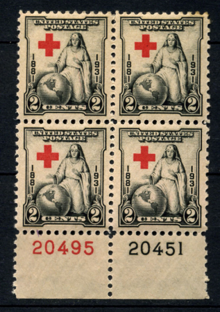 США 1931г. SC# 702 / 2c. КРАСНЫЙ КРЕСТ / MNH/MH OG VF / № кв. блок