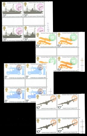 ВЕЛИКОБРИТАНИЯ 1974г. GB# 954-7 / UPU / MNH OG XF / ТРАНСПОРТ АВИАЦИЯ / гаттер кв. блоки