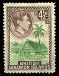Британские Соломоновы о-ва 1939-1951 гг. • Gb# 66 • 4 ½ d. • Георг VI основной выпуск • Традиционный дом • Used VF ( кат. - £13 )