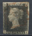 Великобритания 1840 г. • Gb# 1 • 1 d. • Королева Виктория • Черный пенни • гашение - красный мальтийский крест • Used VF+ ( кат.- £400 )