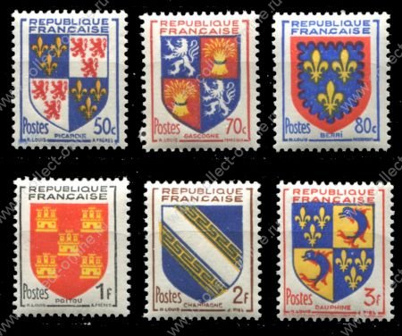 Франция 1953 г. • Iv# 951-954,958-959 • 50 c. - 3 fr. • Гербы французских регионов • полн. серия • MNH OG VF