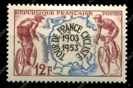 Франция 1953 г. • Iv# 955 • 12 fr. • 50-летие велогонки Тур де Франс • маршрут гонки • MNH OG VF