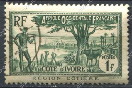 Кот-д'Ивуар 1936-1938 гг. • Iv# 124 • 1 fr. • осн. выпуск • вид на порт • Used VF ( кат.- €4 )