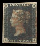 Великобритания 1840 г. • Gb# 1 • 1 d. • Королева Виктория • Черный пенни • гашение - красный мальтийский крест • Used XF ( кат.- £400 )