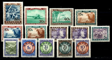 ИНДОНЕЗИЯ 1947-8гг. SC#  / 14 марок / АВИАПОЧТА, СЛУЖЕБНЫЕ / MNH OG VF / АРХИТЕКТУРА АВИАЦИЯ