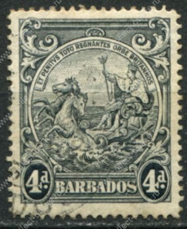 Барбадос 1938-1947 гг. • Gb# 253d • 4 d. • "Правь Британия" • перф. 14 • стандарт • Used VF ( кат. - £7 )