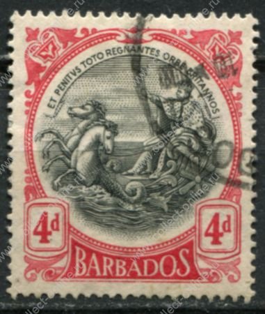 Барбадос 1918-1920 гг. • Gb# 199 • 4 d. • большой размер • "Правь Британия" • стандарт • Used VF ( кат.- £ 4 )