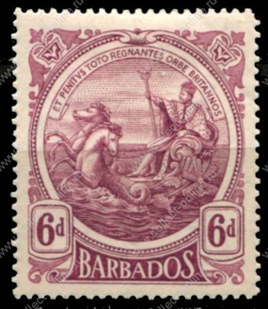 Барбадос 1916 г. • Gb# 188 • 6 d. • большой размер • "Правь Британия" • стандарт • MLH OG XF ( кат.- £ 9 )