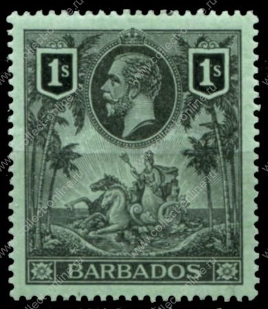 Барбадос 1912-1916 гг. • Gb# 178 • 1 sh. • Георг V • "Правь Британия" • стандарт • MH OG VF ( кат.- £ 12 )