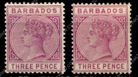 Барбадос 1882-1886 гг. Gb# 95,96 • 3 d.(2) • Королева Виктория • лиловая и красно-лиловая • стандарт • MH OG VF ( кат.- £130 )