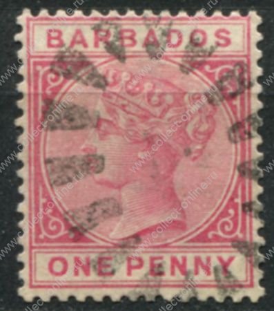 Барбадос 1882-1886 гг. Gb# 91 • 1 d. • Королева Виктория • розовая • стандарт • Used VF ( кат.- £3 )