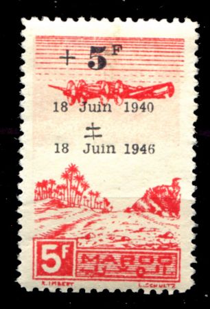 Французское Марокко 1946 г. • Iv# A58 • 5+5 fr. • 6-я годовщина воззвания Де Голля • авиапочта • MNH OG VF
