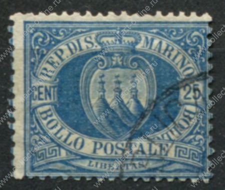 Сан-Марино 1877-1899 г. • SC# 14 • 25 c. • 1-й выпуск • герб Республики • Used VF ( кат. - $17 )