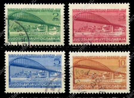 Югославия 1948 г. • Mi# 548-51(SC# 239-42) • 2 - 10 D. • Дунайская конференция • пароход под мостом • полн. серия • Used XF ( кат.- €20 )