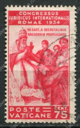 Ватикан 1935 г. • Mi# 48 • 75 c. • Международный юридический конгресс •  Папа Григорий IX • Used VF ( кат. - €35 )