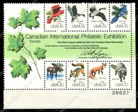 США 1978 г. • SC# 1757 • 13 c.(8) • Филателистическая выставка в Торонто • дикие животные • блок • MNH OG VF