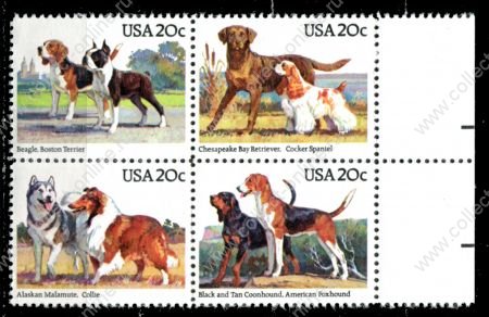 США 1984 г. • SC# 2098-2101a • 20 c.(4) • Собаки • полн. серия(кв. блок) • MNH OG XF