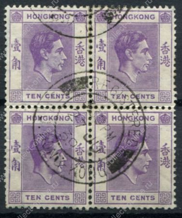 Гонконг 1938-1952 гг. • Gb# 145 • 10 c. • Георг VI • стандарт • кв. блок • Used XF