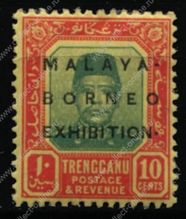 Малайя • Тренгану 1922 г. • Gb# 51c • 10 c. • Выставка Малайя-Борнео (Сингапур) • надпечатка(разновидность) • MH OG VF ( кат.- £ 13 )