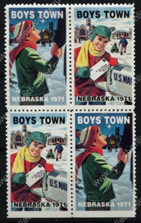 США • Благотворительные этикетки 1971 г. • Boys Town(шт. Небраска) • скауты • кв.блок • MNH OG XF