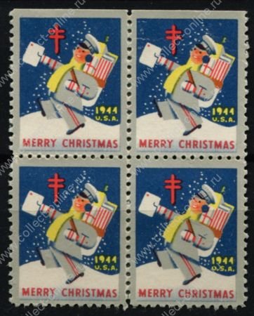 США • Рождественские этикетки 1944 г. • SC# WX118 • почтальон • кв.блок • Mint NG VF