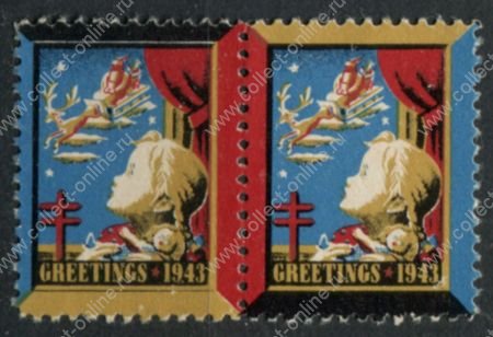 США • Рождественские этикетки 1943 г. • SC# WX112 • Санта Клаус в окне • пара • Mint NG VF