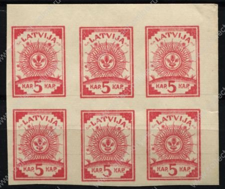 Латвия 1919 г. • Mi# 3B • 5 k. • на линованной бумаге (б.з.) • стандарт • блок 6 марок • MNH OG XF