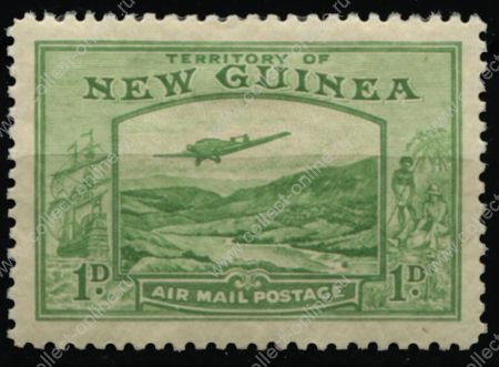 Новая Гвинея 1939 г. • Gb# 213 • 1 d. • самолет над долиной реки, фрегат • авиапочта • MH OG VF ( кат.- £ 3,5 )