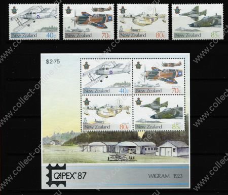 Новая Зеландия 1987 г. • SC# 872-5,875a • Королевские ВВС • боевые самолеты • MNH OG XF • полн. серия + блок