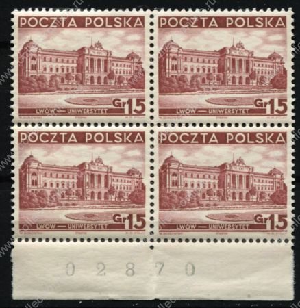 Польша 1937 г. • Mi# 317 • 15 gr. • Львовский университет • стандарт • кв. блок • MNH OG XF+ ( кат.- €8 )