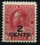 Канада 1926 г. • Sc# 140 • 2 на 3 c. • выпуск "Адмирал" • кармин. (надп. нов. номинала) • стандарт • MH OG VF ( кат. - $30 )