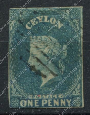 Цейлон 1857-1859 гг. • Gb# 2 • 1 d. • Королева Виктория • Used F-VF ( кат. - £50 )