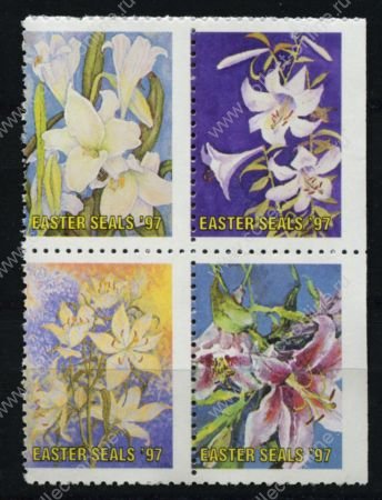 США 1997 г. • пасхальные этикетки • цветы • MNH OG VF • кв. блок