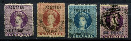 Гренада 1875-1881 гг. • Gb# • ½ d. .. 1 sh. • Королева Виктория • надп. на фискальных марках • Used VF