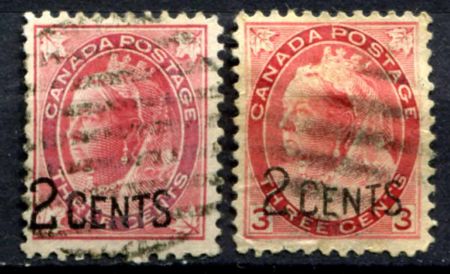 Канада 1899 г. SC# 87-8 • 2 на 3 c.(2) • надпечатка нов. номинала • Used VF • полн. серия ( кат.- $13,5 ) 