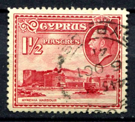 Кипр 1934 г. Gb# 137 • 1 ½ pi. • Георг V основной выпуск • порт Кирении • Used F-VF ( кат.- £2.00 )