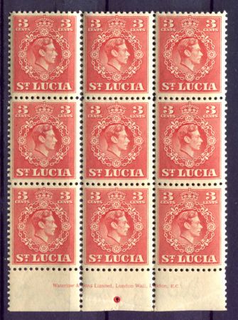 Сент-Люсия 1949-1950 гг. • Gb# 148 • 3 c. • Георг VI • перф: 12½ • стандарт • блок 9 марок • MNH OG XF+ ( кат. - £15.75+ )