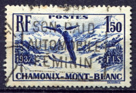 Франция 1937 г. • Mi# 340 • 1.50 fr. • Международная встреча по горным лыжам, Шамони • Used F-VF