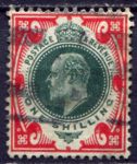 Великобритания 1902-1910 гг. • Gb# 257 • 1 sh. • Эдуард VII • темно-зеленая и красн. • стандарт • Used VF ( кат.- £35 )