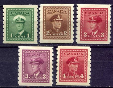 Канада 1942-1943 гг. • Sc# 263-7 • 1 - 4 c. • осн. выпуск • Георг VI • из рулона • полн. серия • MH OG VF ( кат. - $16 )