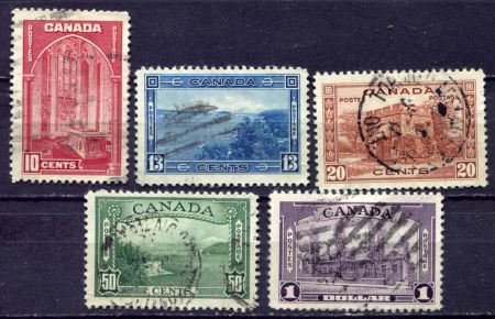 Канада 1938 г. • SC# 241-5 • 10 c. - $1 • Георг VI • основной выпуск • полн. серия • Used F-VF ( кат.- $ 15 )