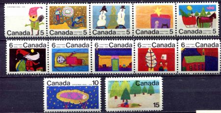 Канада 1970 г. • SC# 519-30p • 5 - 15 c. • Рождество • рисунки канадских школьников • с люминесцентной полосой • полн. серия • MNH OG VF ( кат. - $6 )