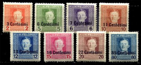Италия • Австрийская оккупация 1918 г. • Sc# N1..15 • 2 .. 85 c. • надп. нов. номиналов на марках Австрии • 8 марок • MNH OG VF