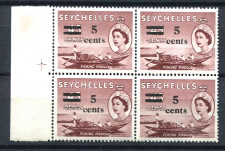 Сейшелы 1957 г. • Gb# 191,191c • 5 на 45 c. • Елизавета II • надпечатка нов. номинала • кв. блок • MNH OG XF