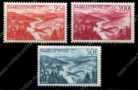 Саар 1948 г. Mi# 252-4 • 25,50 и 200 fr. • Тень самолета над рекой • авиапочта • MLH OG XF • полн. серия ( кат.- €20 )